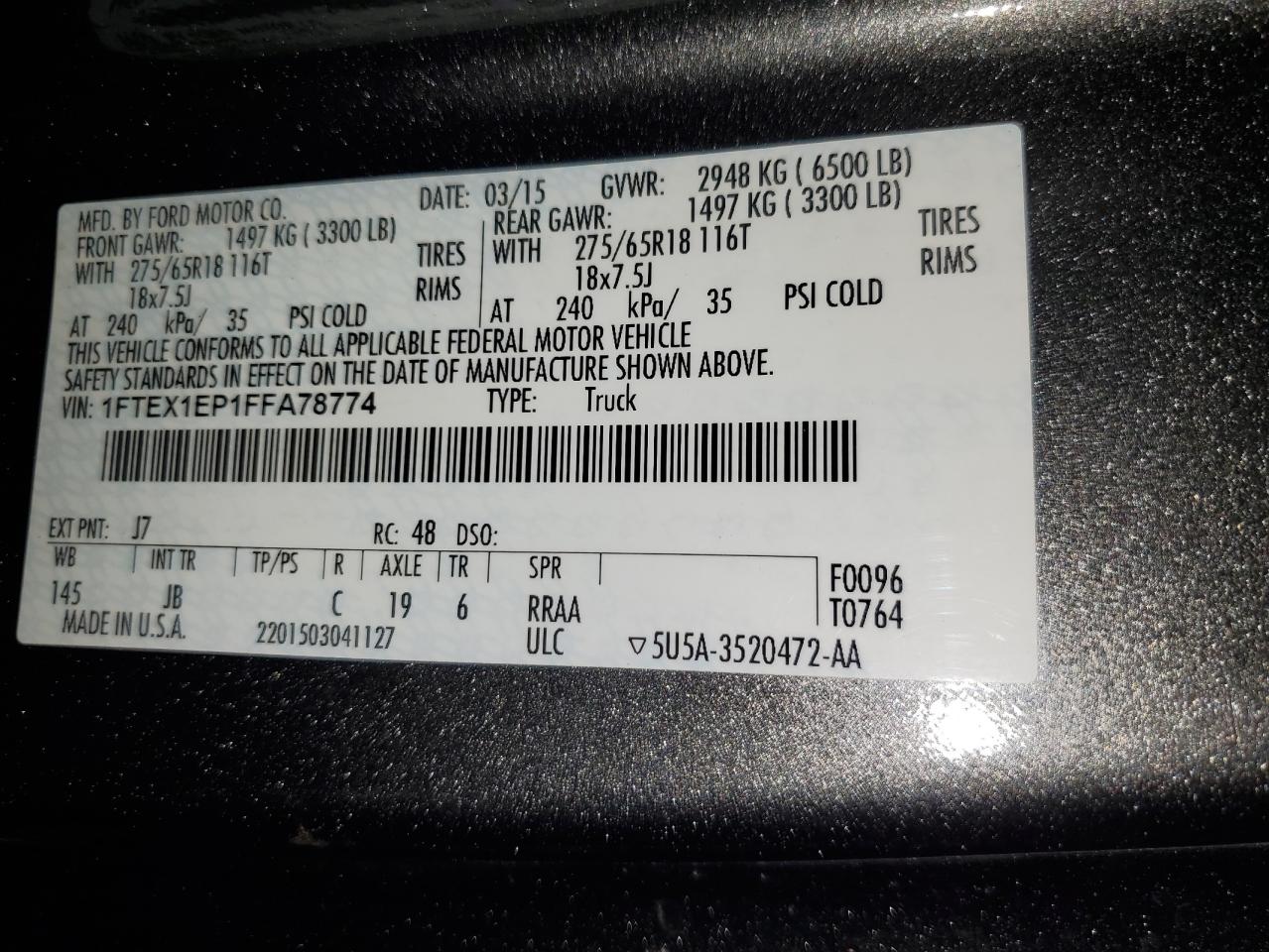 2015 Ford F-150 VIN 1FTEX1EP1FFA78774 Copart auction photo, front end / rear end damage thumbnail 14