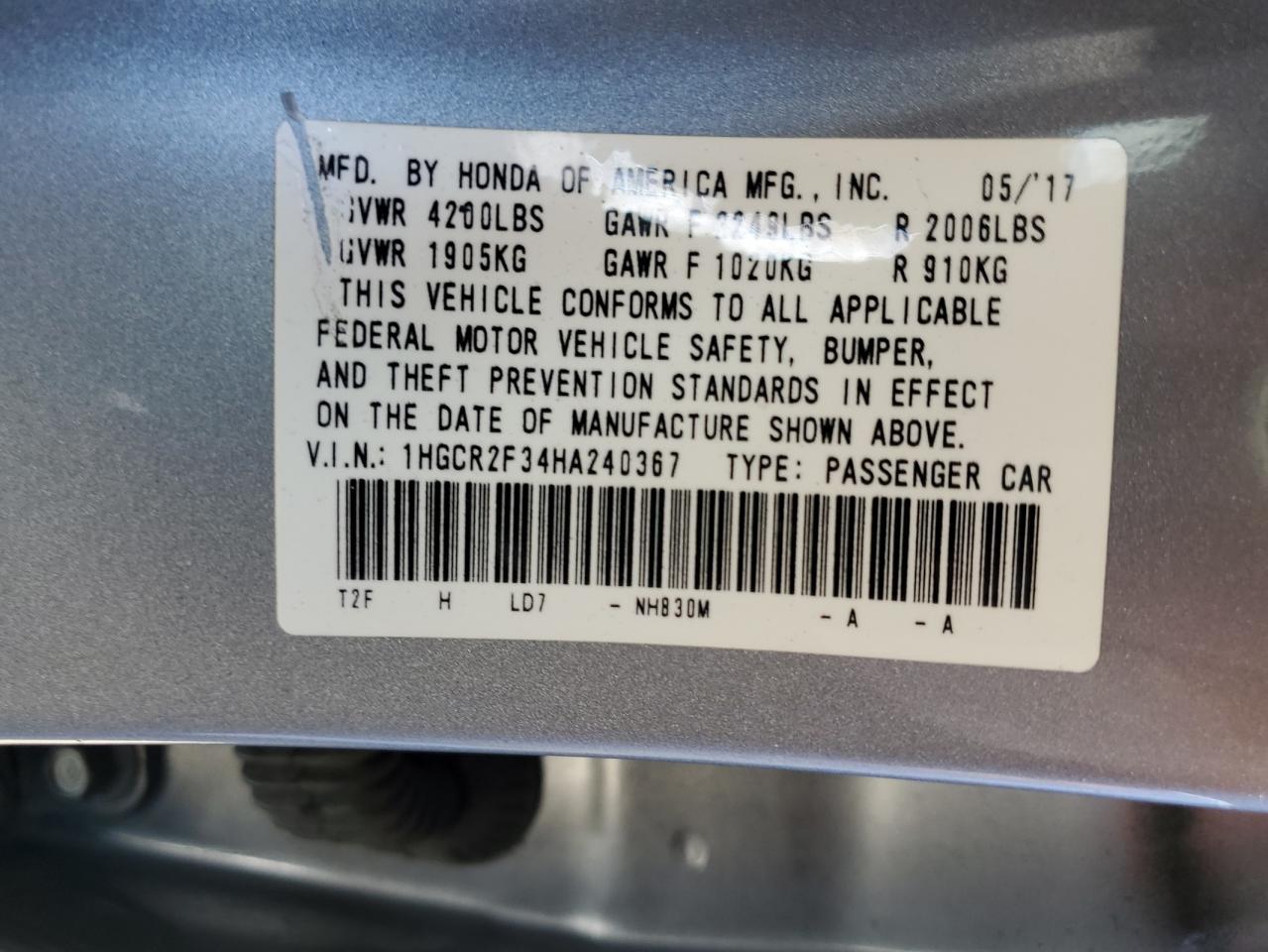 2017 Honda Accord VIN 1HGCR2F34HA240367 Copart auction photo, all over damage thumbnail 12
