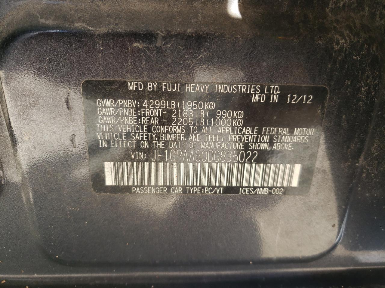 2013 Subaru Impreza VIN JF1GPAA60DG835022 Copart auction photo, front end / side damage thumbnail 15
