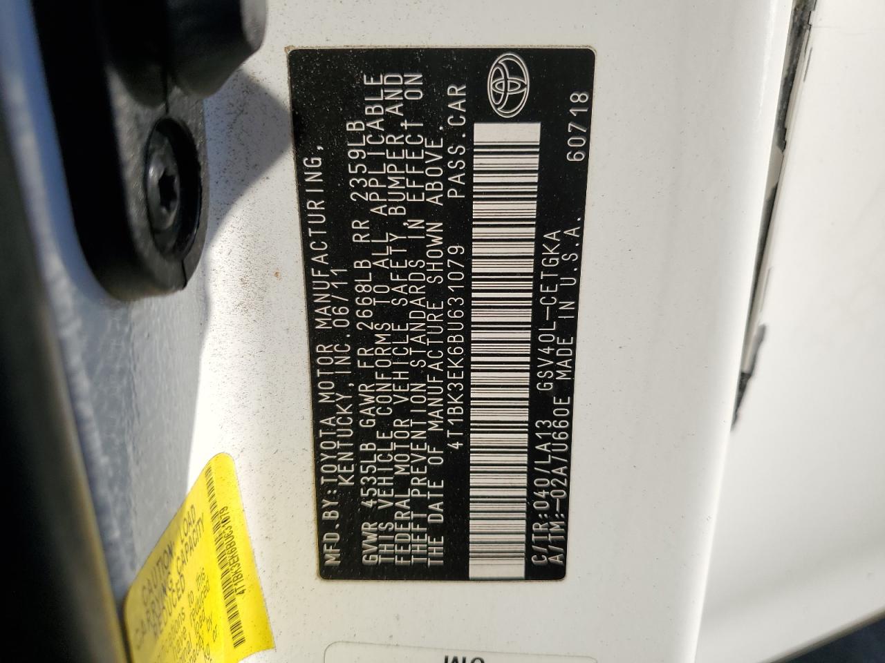 2011 Toyota Camry VIN 4T1BK3EK6BU631079 Copart auction photo, side damage thumbnail 13