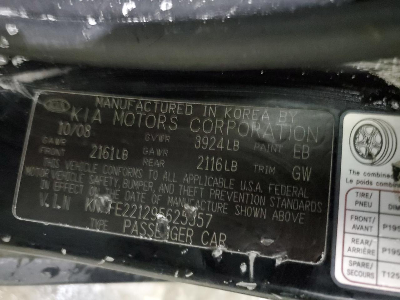 2009 KIA Spectra VIN KNAFE221295625557 Copart auction photo, front end damage thumbnail 12