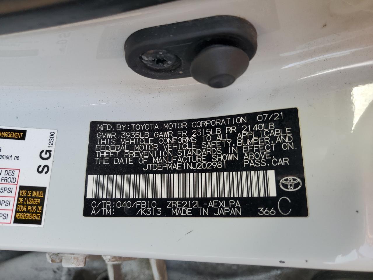 2022 Toyota Corolla VIN JTDEPMAE1NJ202981 Copart auction photo, mechanical / front end damage thumbnail 12