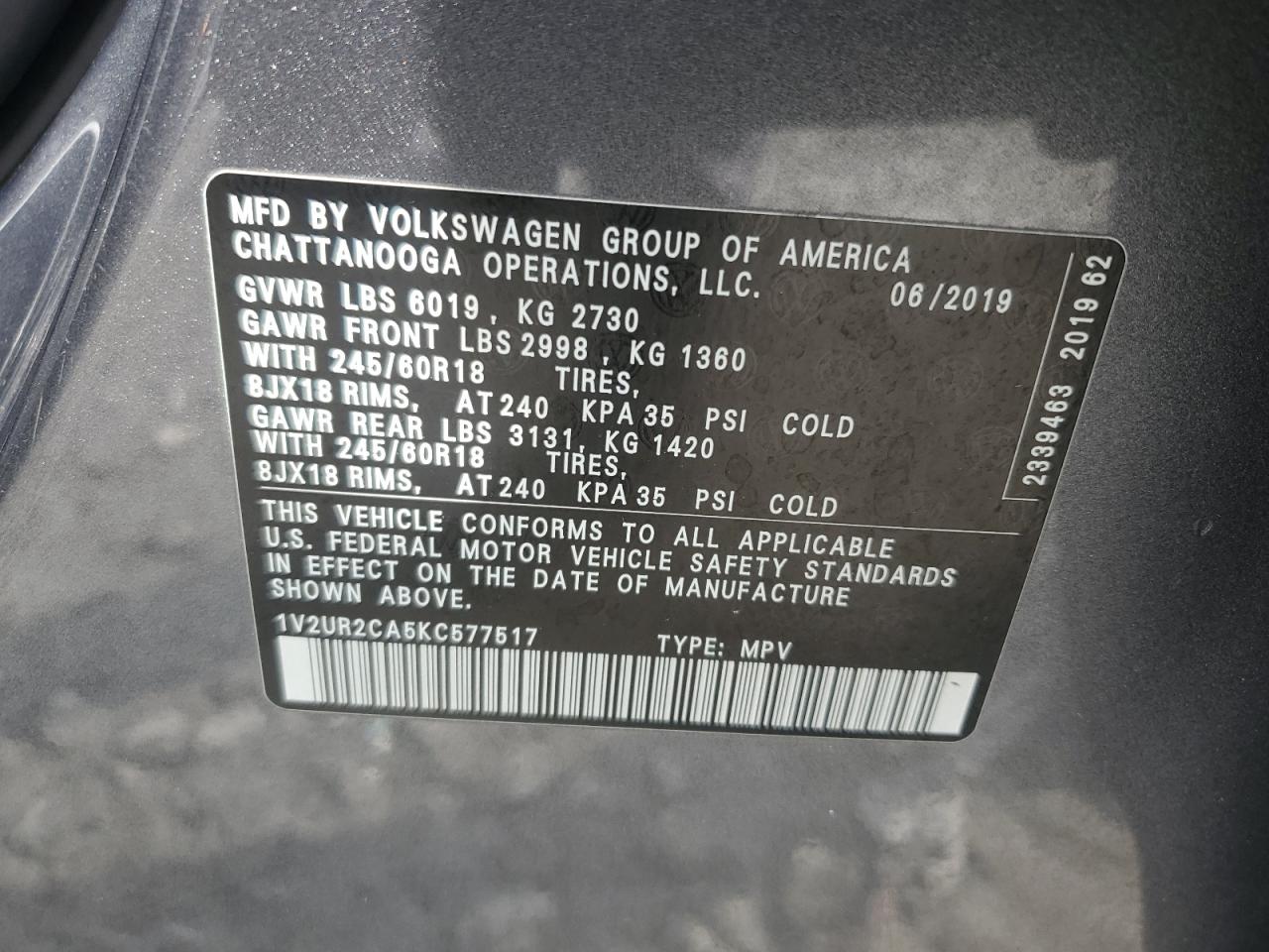 2019 Volkswagen Atlas VIN 1V2UR2CA5KC577517 Copart auction photo, front end damage thumbnail 13