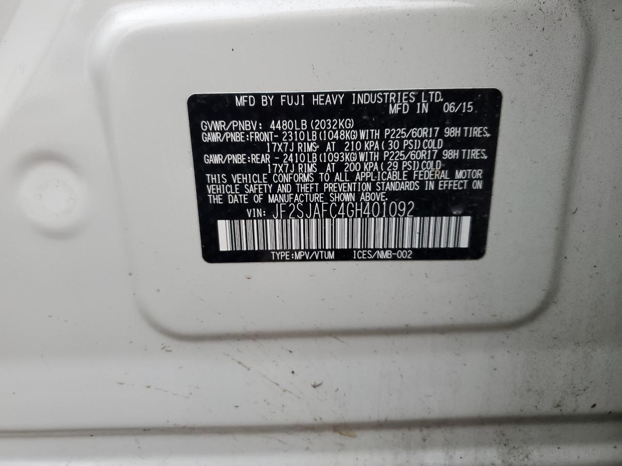 2016 Subaru Forester VIN JF2SJAFC4GH401092 Copart auction photo, all over damage thumbnail 13