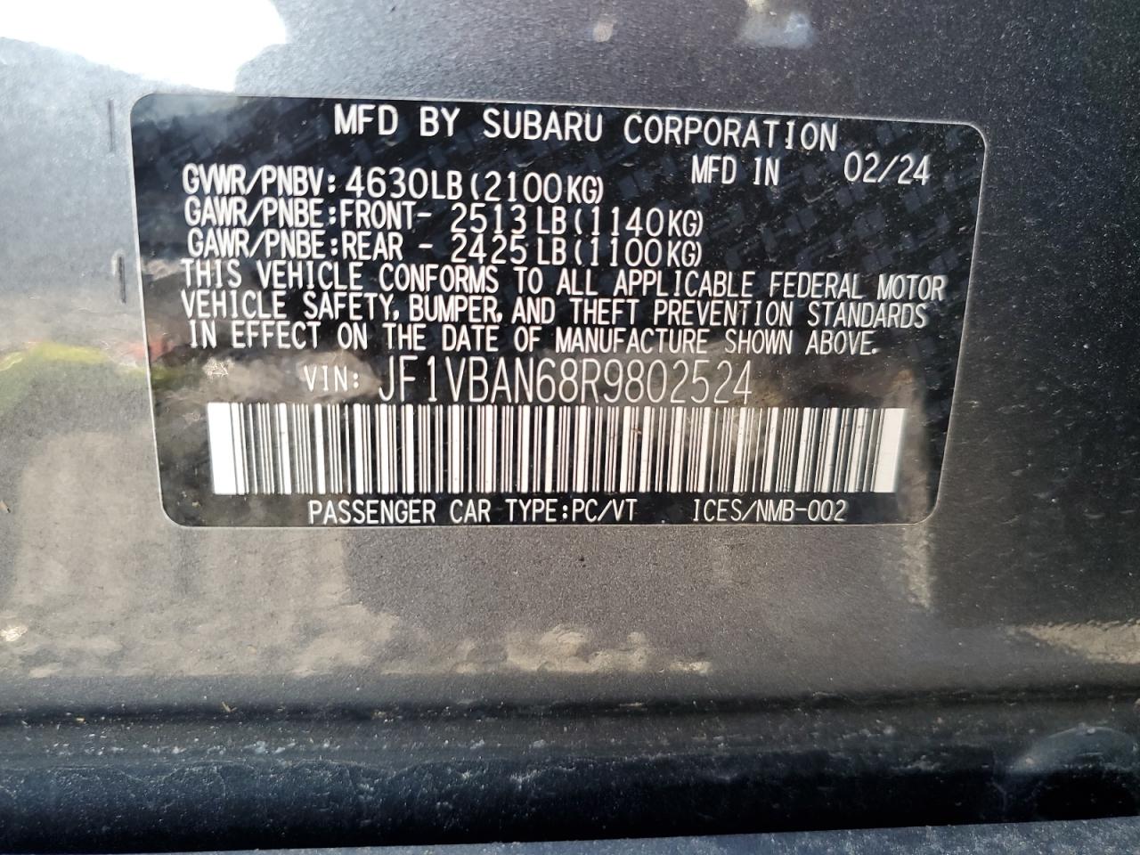 2024 Subaru WRX VIN JF1VBAN68R9802524 Copart auction photo, front end / side damage thumbnail 13