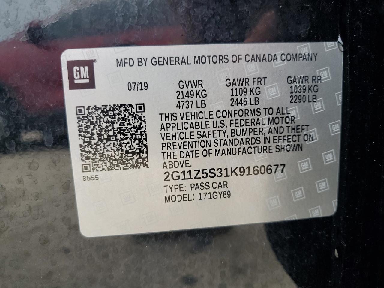 2019 Chevrolet Impala VIN 2G11Z5S31K9160677 Copart auction photo, water/flood damage thumbnail 13