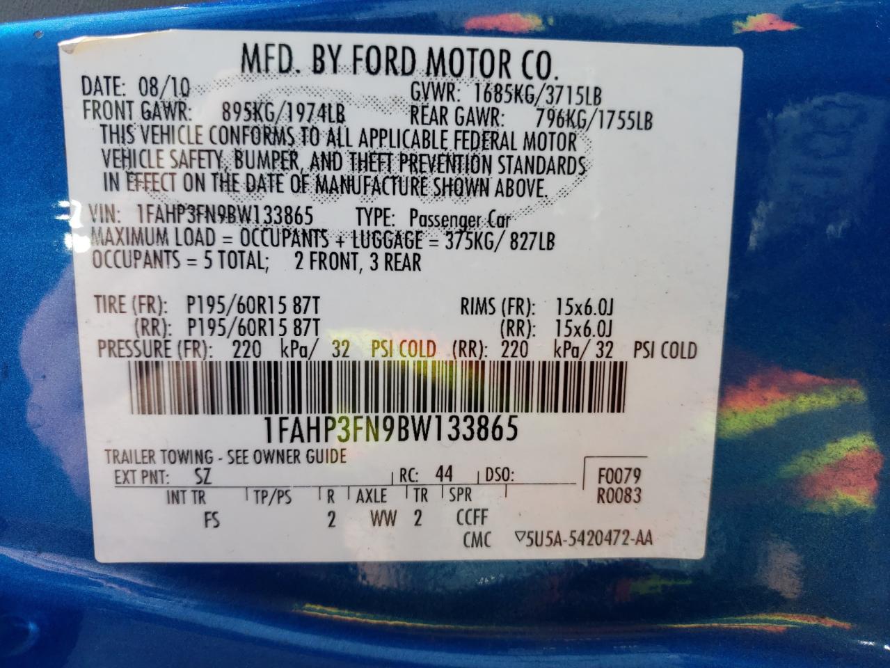 2011 Ford Focus VIN 1FAHP3FN9BW133865 Copart auction photo, rear end damage thumbnail 12