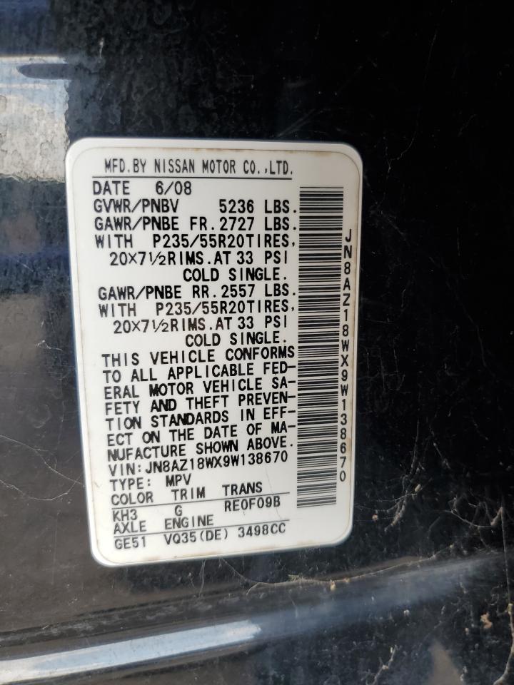 2009 Nissan Murano VIN JN8AZ18WX9W138670 Copart auction photo, water/flood damage thumbnail 13