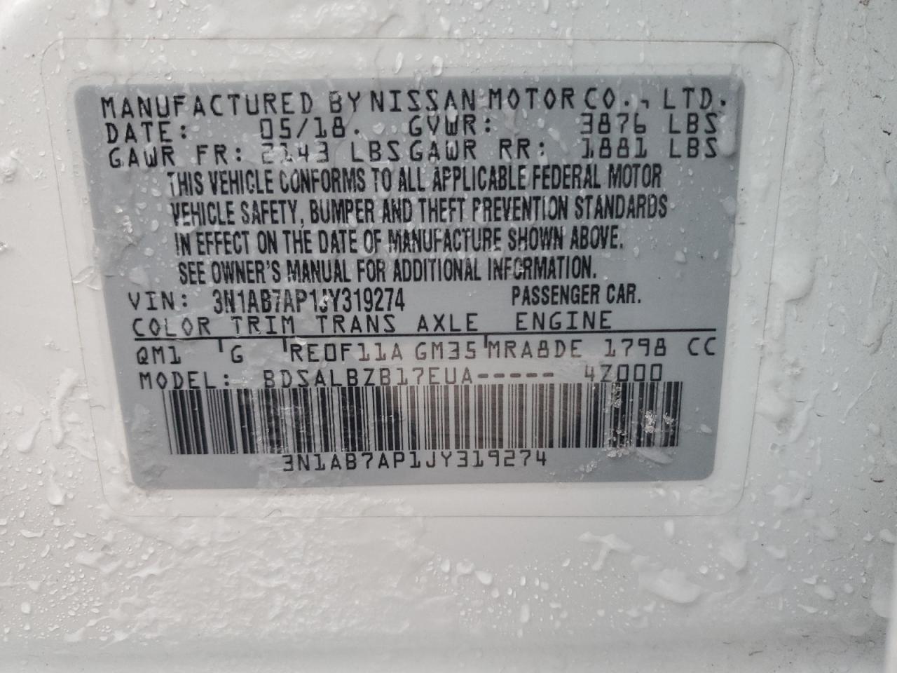 2018 Nissan Sentra VIN 3N1AB7AP1JY319274 Copart auction photo, front end damage thumbnail 13