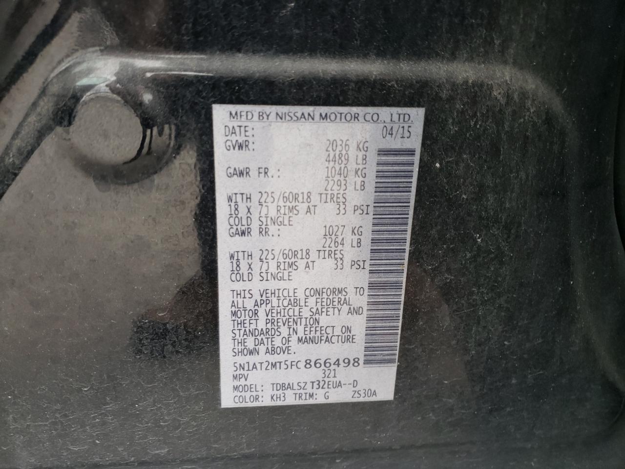 2015 Nissan Rogue VIN 5N1AT2MT5FC866498 Copart auction photo, side / side damage thumbnail 15