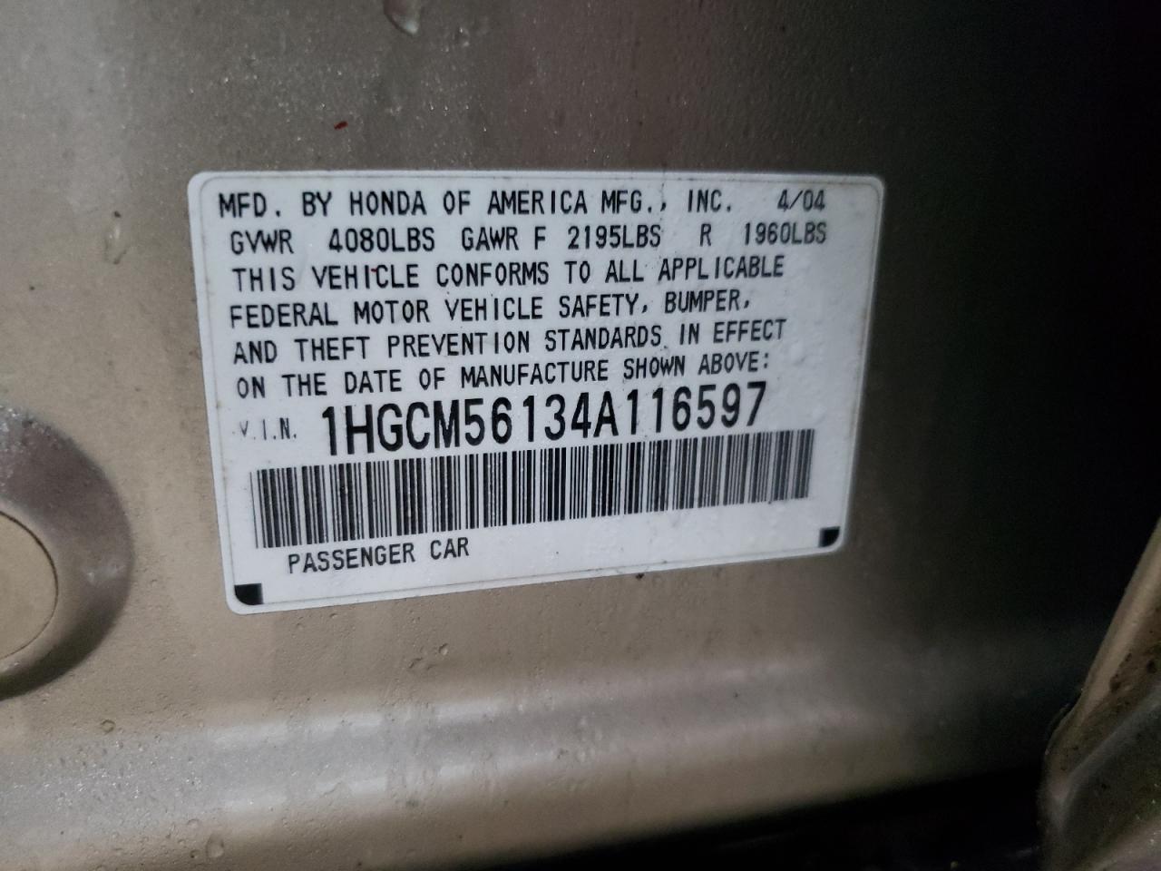 2004 Honda Accord VIN 1HGCM56134A116597 Copart auction photo, side / minor dent/scratches damage thumbnail 12