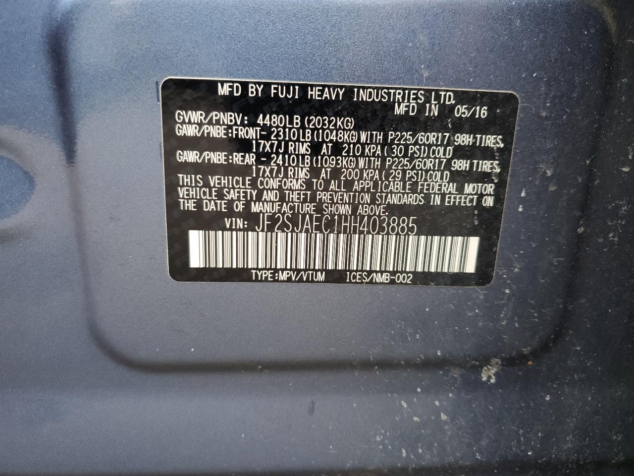 2017 Subaru Forester VIN JF2SJAEC1HH403885 Copart auction photo, front end damage thumbnail 12
