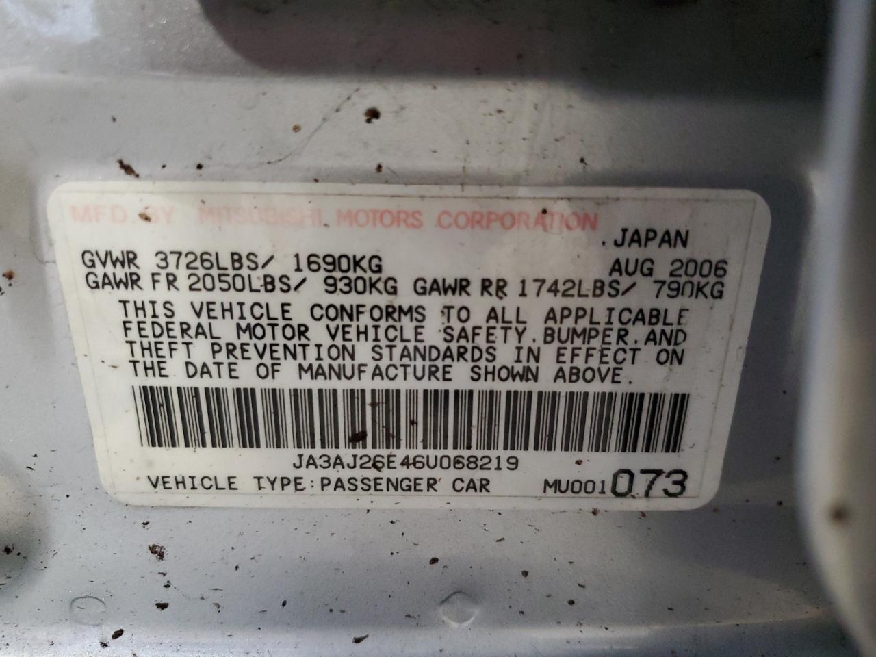 2006 Mitsubishi Lancer VIN JA3AJ26E46U068219 Copart auction photo, front end damage thumbnail 12