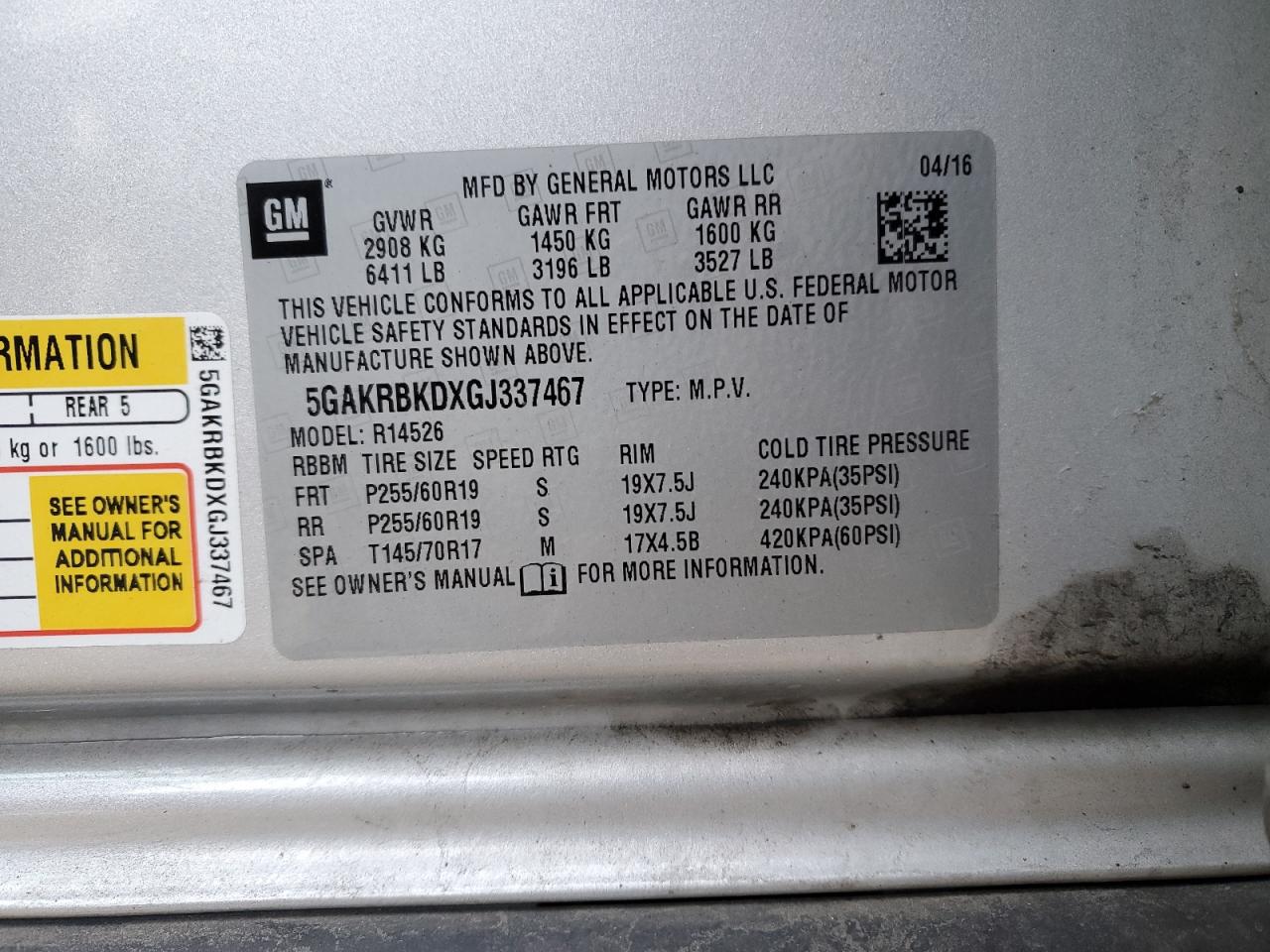 2016 Buick Enclave VIN 5GAKRBKDXGJ337467 Copart auction photo, front end damage thumbnail 13