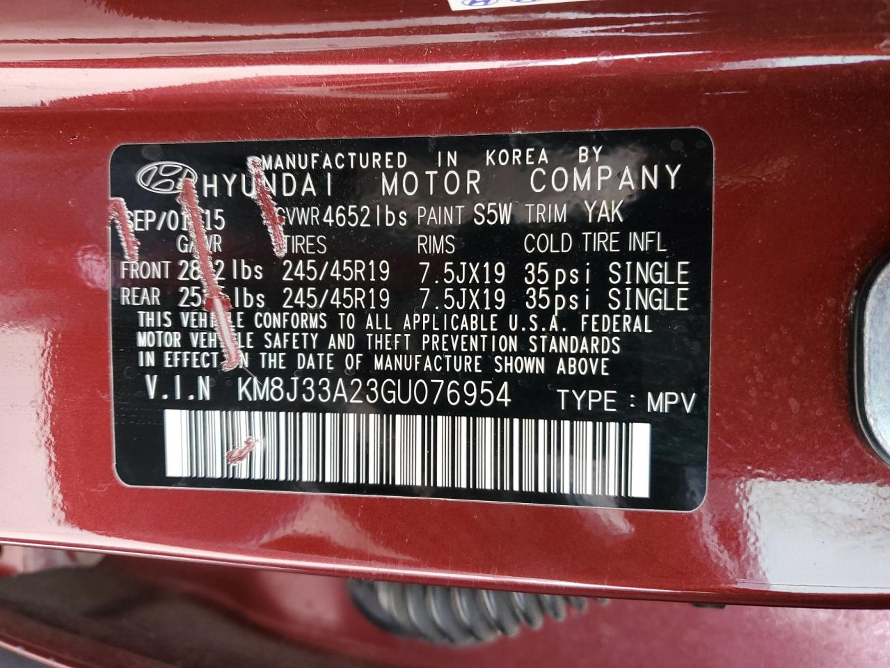 2016 Hyundai Tucson VIN KM8J33A23GU076954 Copart auction photo, rear end damage thumbnail 14