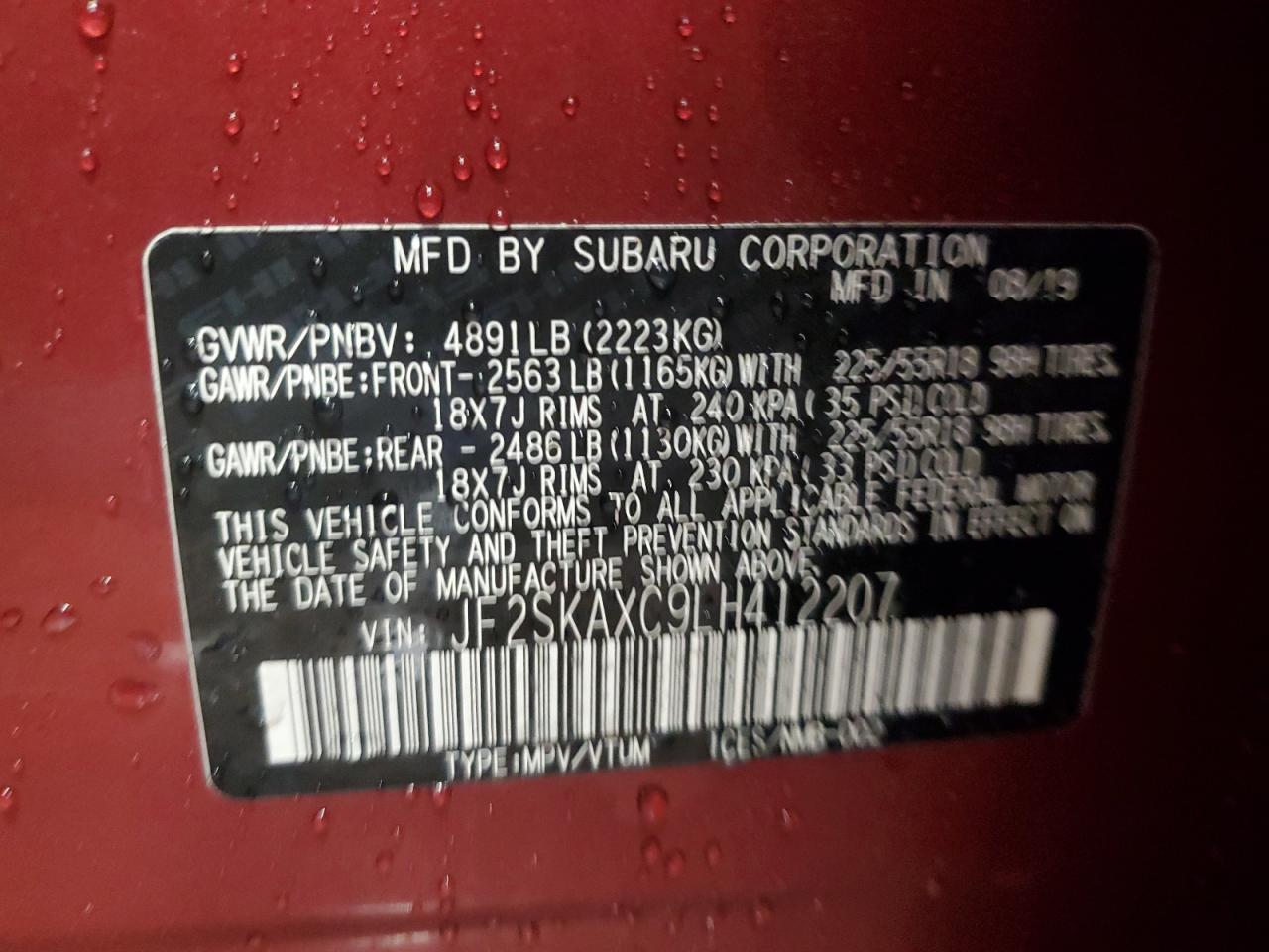 2020 Subaru Forester VIN JF2SKAXC9LH412207 Copart auction photo, front end / rear end damage thumbnail 14