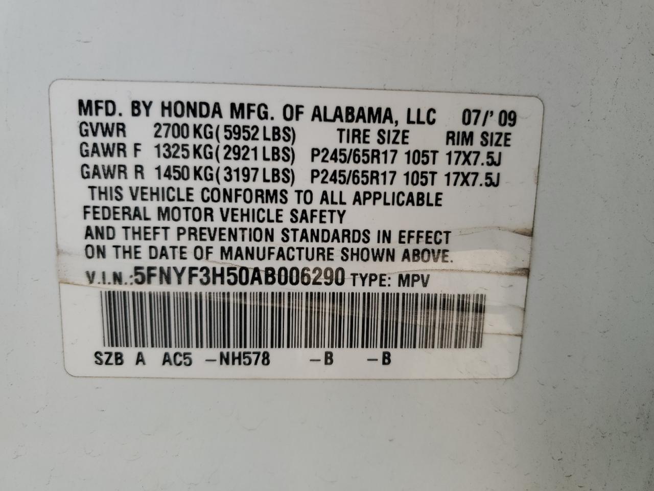 2010 Honda Pilot VIN 5FNYF3H50AB006290 Copart auction photo, mechanical damage thumbnail 12