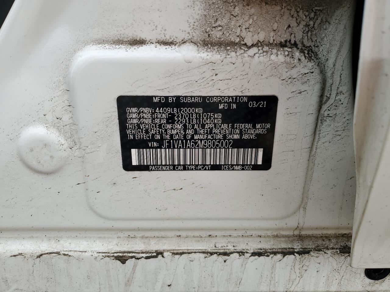 2021 Subaru WRX VIN JF1VA1A62M9805002 Copart auction photo, front end / rear end damage thumbnail 12