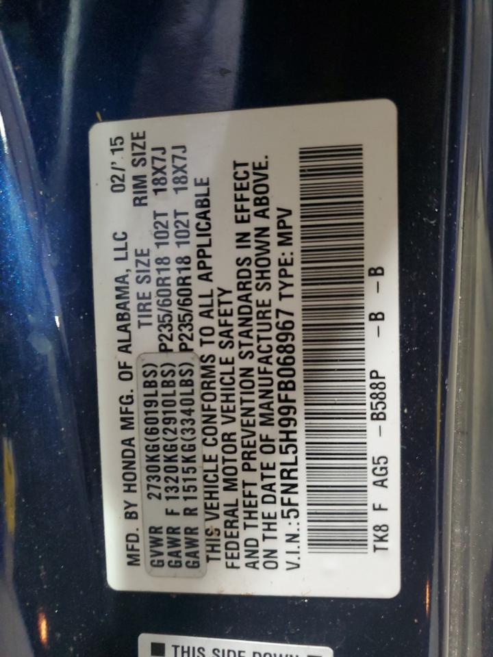 2015 Honda Odyssey VIN 5FNRL5H99FB068967 Copart auction photo, side / rear end damage thumbnail 13