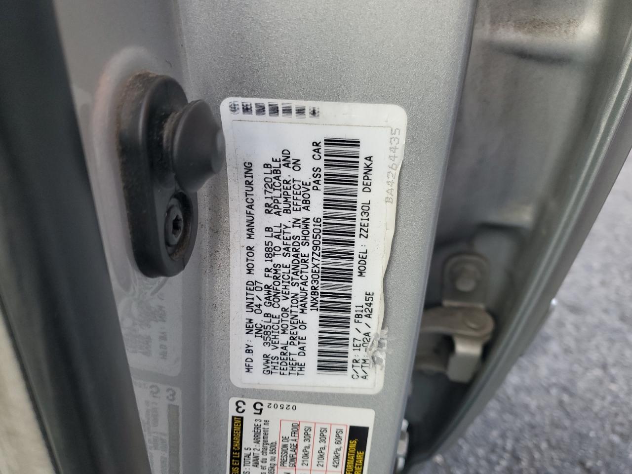 2007 Toyota Corolla VIN 1NXBR30EX7Z905016 Copart auction photo, rear end / front end damage thumbnail 14
