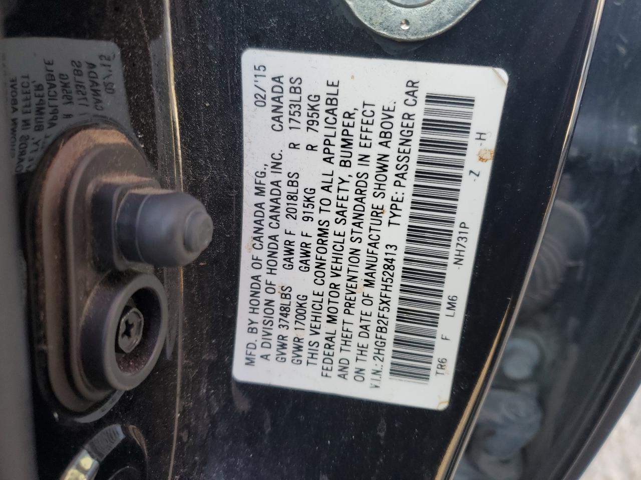 2015 Honda Civic VIN 2HGFB2F5XFH528413 Copart auction photo, front end damage thumbnail 14