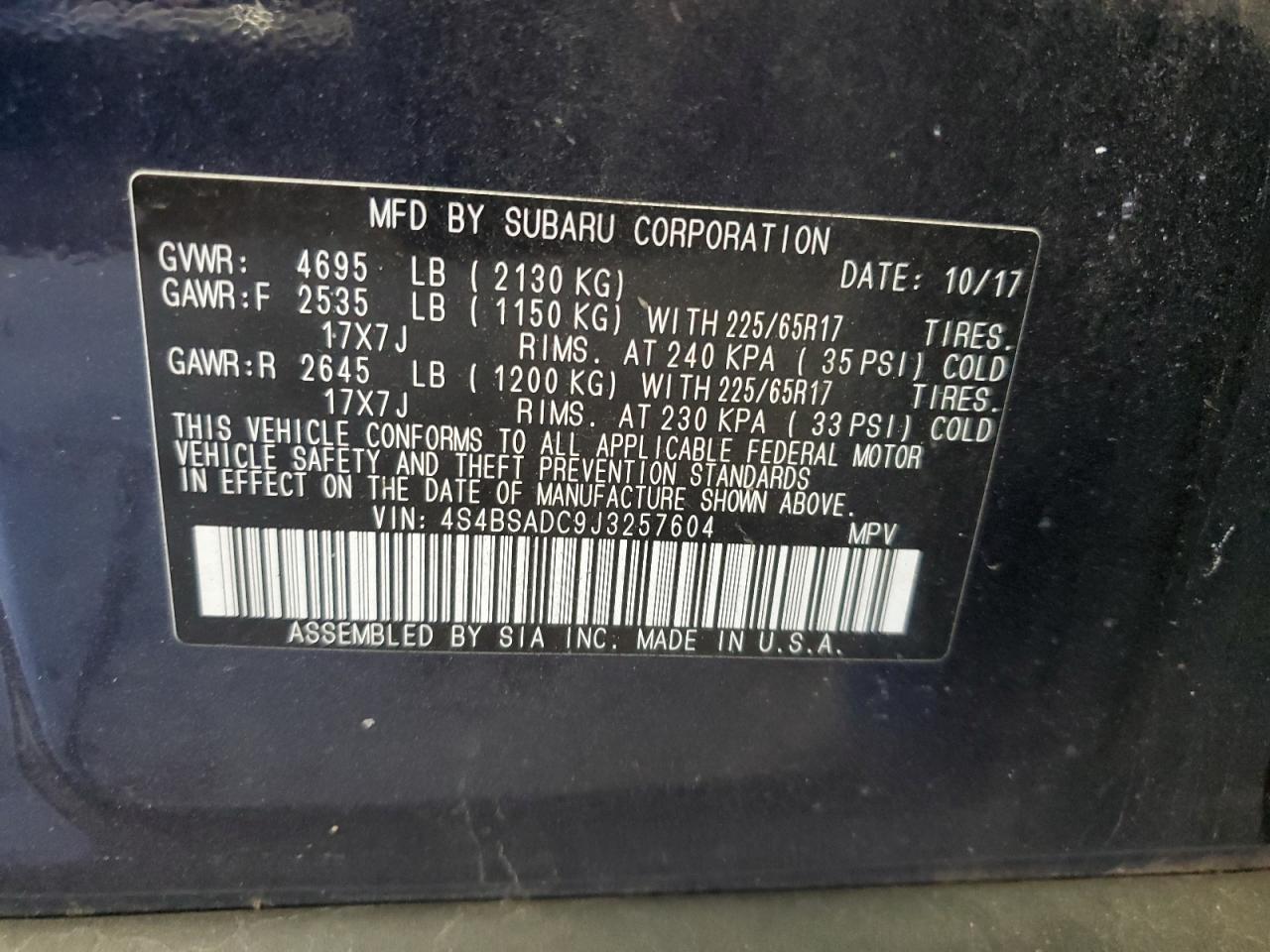 2018 Subaru Outback VIN 4S4BSADC9J3257604 Copart auction photo, front end / minor dent/scratches damage thumbnail 14