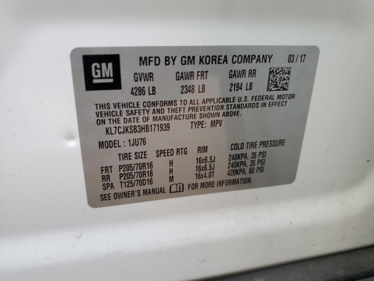 2017 Chevrolet Trax VIN KL7CJKSB3HB171939 Copart auction photo, front end damage thumbnail 15