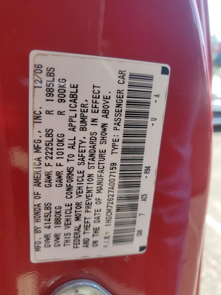 2007 Honda Accord VIN 1HGCM72627A007159 Copart auction photo, front end damage thumbnail 12