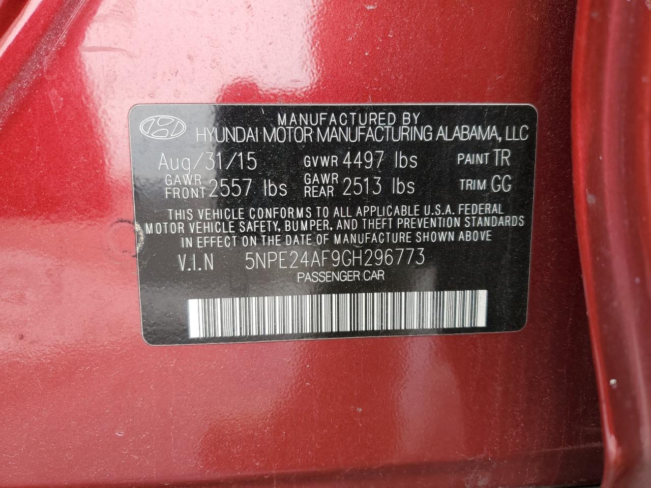 2016 Hyundai Sonata VIN 5NPE24AF9GH296773 Copart auction photo, front end / minor dent/scratches damage thumbnail 14