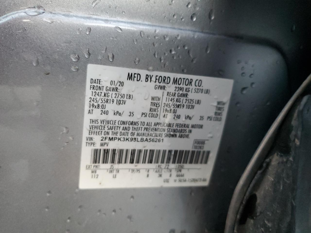 2020 Ford Edge VIN 2FMPK3K93LBA56261 Copart auction photo, front end / undercarriage damage thumbnail 14