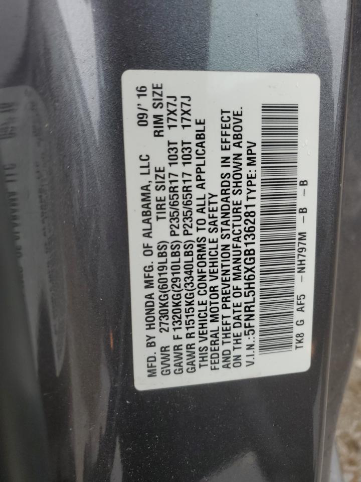 2016 Honda Odyssey VIN 5FNRL5H6XGB136281 Copart auction photo, rear end damage thumbnail 13