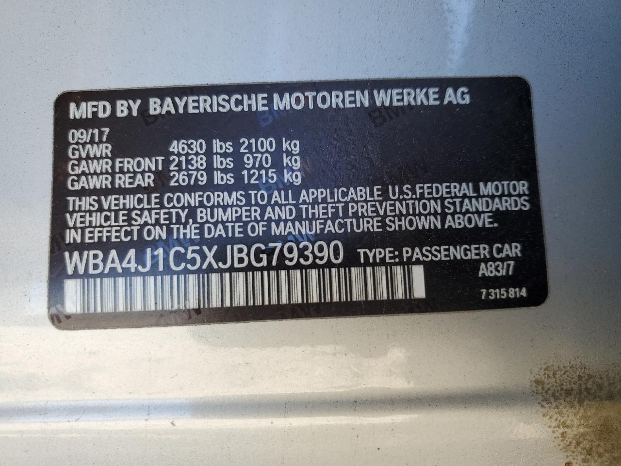2018 BMW 4er VIN WBA4J1C5XJBG79390 Copart auction photo, rear end / minor dent/scratches damage thumbnail 12