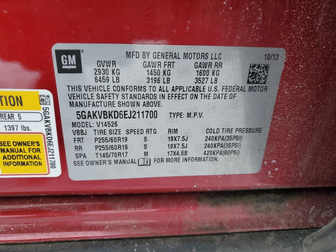 2014 Buick Enclave VIN 5GAKVBKD6EJ211700 Copart auction photo, rear end damage thumbnail 16