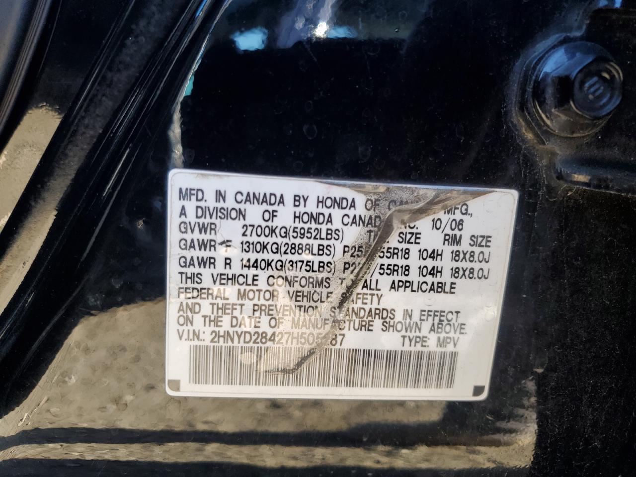 2007 Acura MDX VIN 2HNYD28427H505287 Copart auction photo, front end damage thumbnail 15