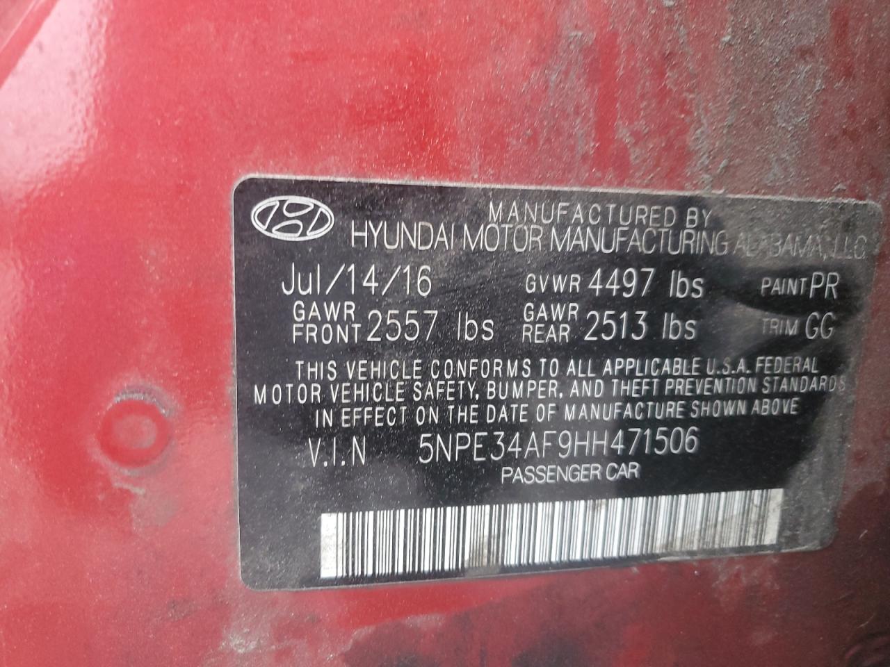 2017 Hyundai Sonata VIN 5NPE34AF9HH471506 Copart auction photo, front end damage thumbnail 14