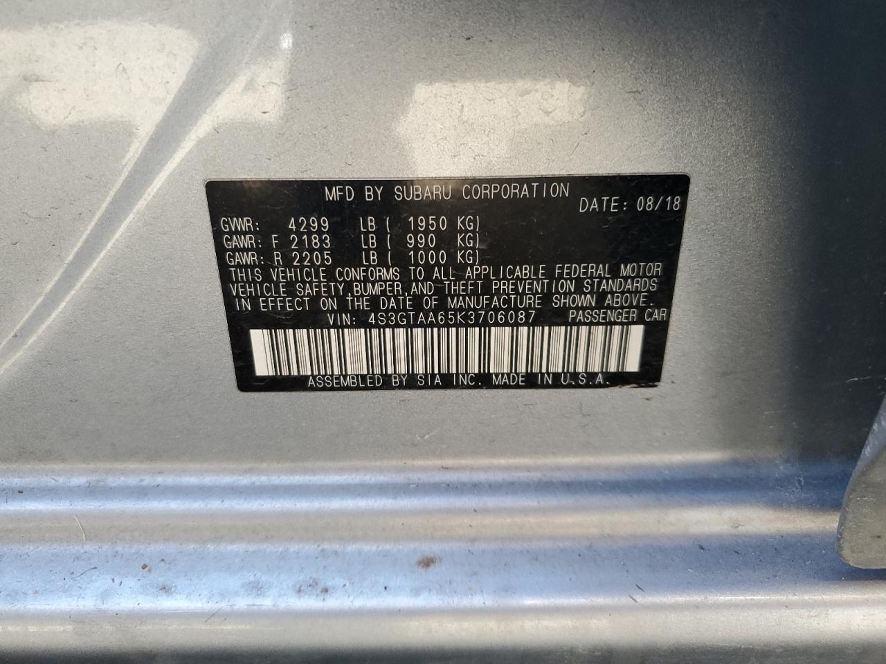 2019 Subaru Impreza VIN 4S3GTAA65K3706087 Copart auction photo, side damage thumbnail 14