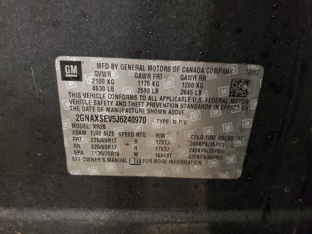 2018 Chevrolet Equinox VIN 2GNAXSEV5J6240970 Copart auction photo, front end / side damage thumbnail 13