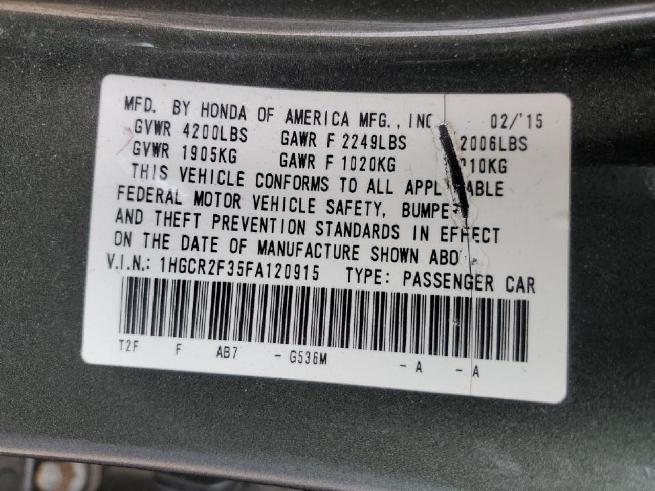 2015 Honda Accord VIN 1HGCR2F35FA120915 Copart auction photo, front end damage thumbnail 12