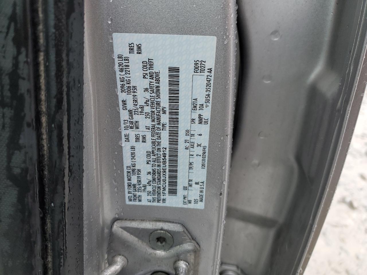 2014 Ford Escape VIN 1FMCU0JX9EUB54912 Copart auction photo, front end damage thumbnail 15