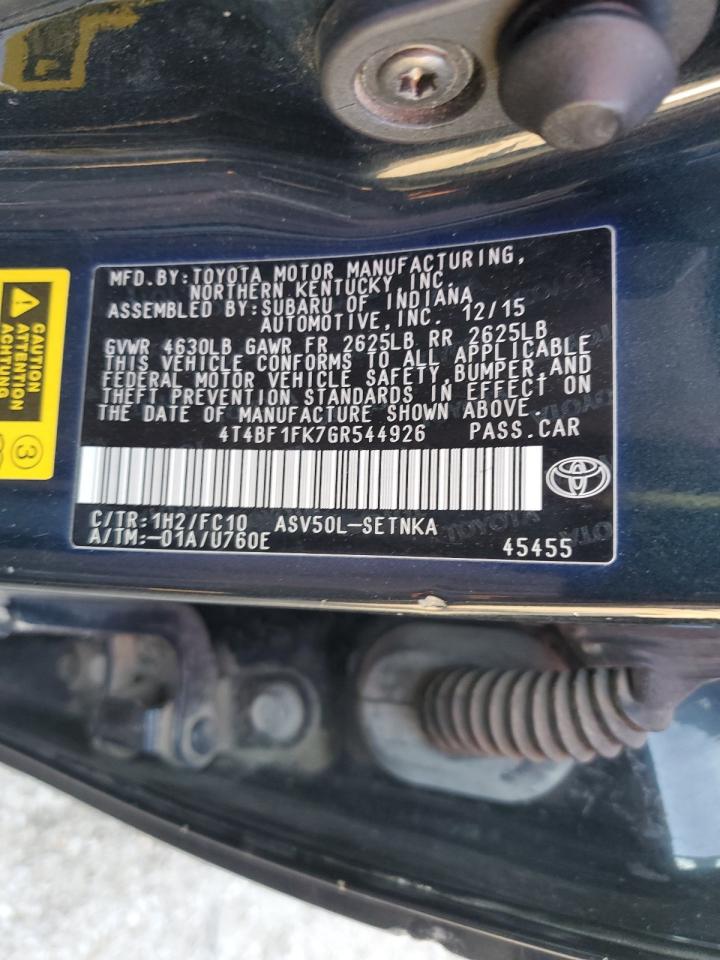 2016 Toyota Camry VIN 4T4BF1FK7GR544926 Copart auction photo, side damage thumbnail 12