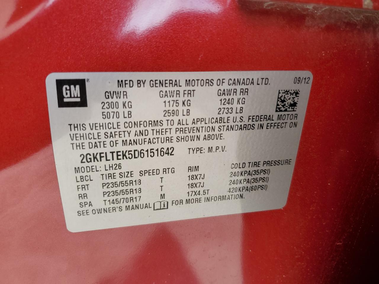 2013 GMC Terrain VIN 2GKFLTEK5D6151642 Copart auction photo, side / mechanical damage thumbnail 13