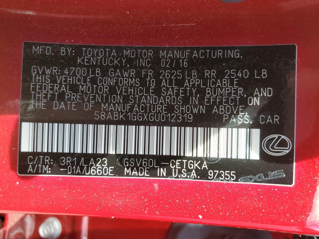 2016 Lexus ES VIN 58ABK1GGXGU012319 Copart auction photo, side / front end damage thumbnail 12