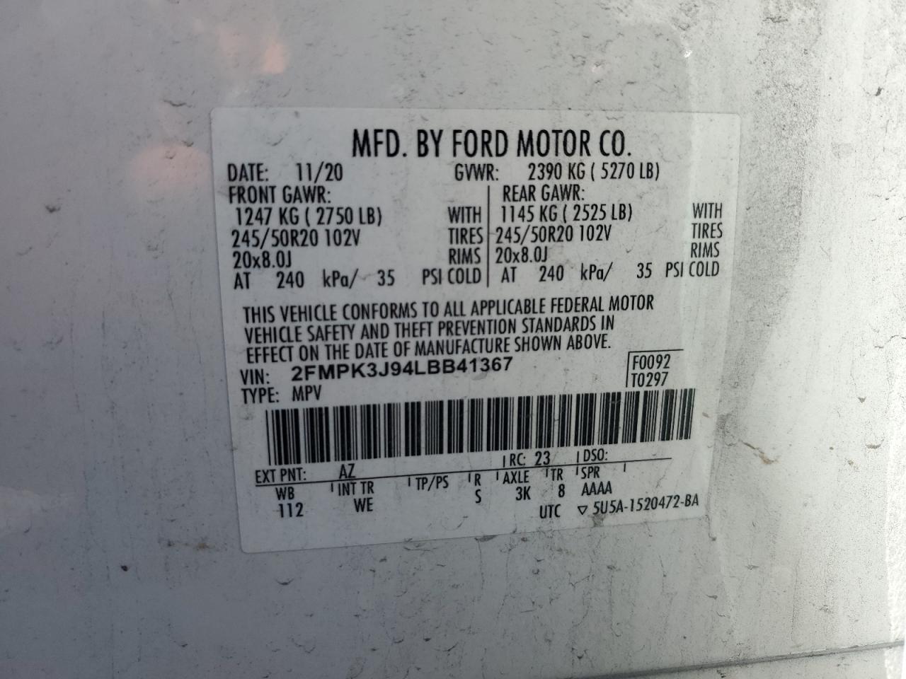 2020 Ford Edge VIN 2FMPK3J94LBB41367 Copart auction photo, front end / minor dent/scratches damage thumbnail 15