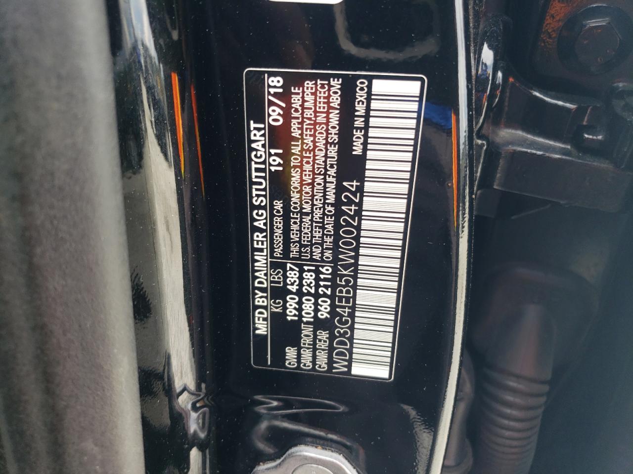 2019 Mercedes-Benz A-klasse VIN WDD3G4EB5KW002424 Copart auction photo, front end / rear end damage thumbnail 12