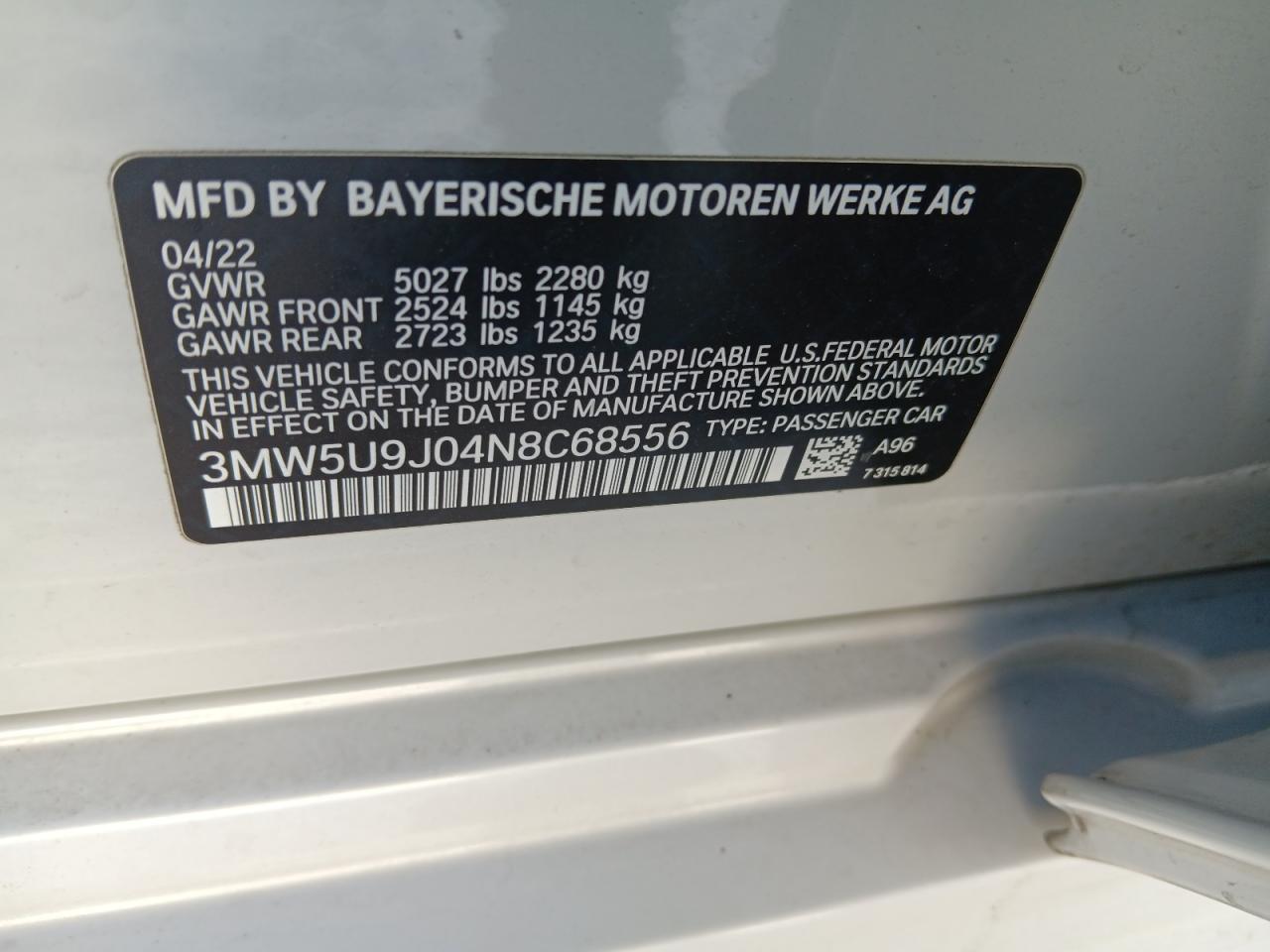 2022 BMW M3 VIN 3MW5U9J04N8C68556 Copart auction photo, front end damage thumbnail 13
