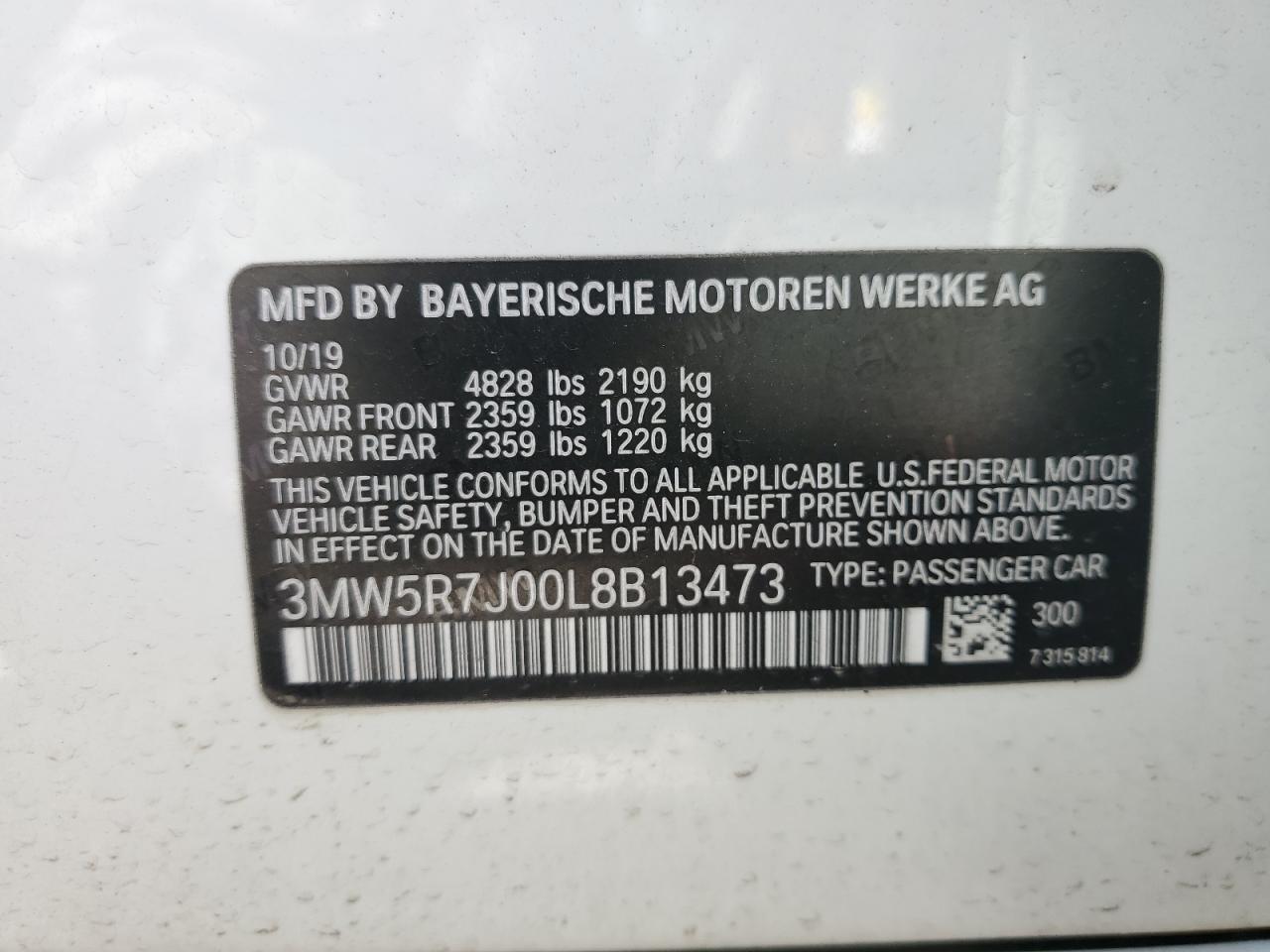 2020 BMW 3er VIN 3MW5R7J00L8B13473 Copart auction photo, front end / side damage thumbnail 14