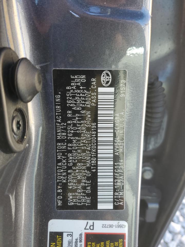 2012 Toyota Camry VIN 4T1BD1FK0CU048196 Copart auction photo, front end / undercarriage damage thumbnail 12