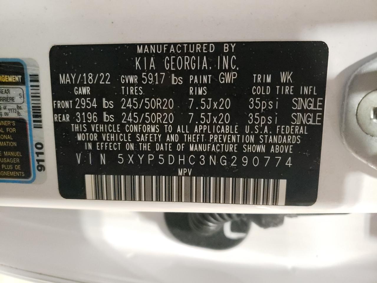 2022 KIA Telluride VIN 5XYP5DHC3NG290774 Copart auction photo, rear end / side damage thumbnail 13