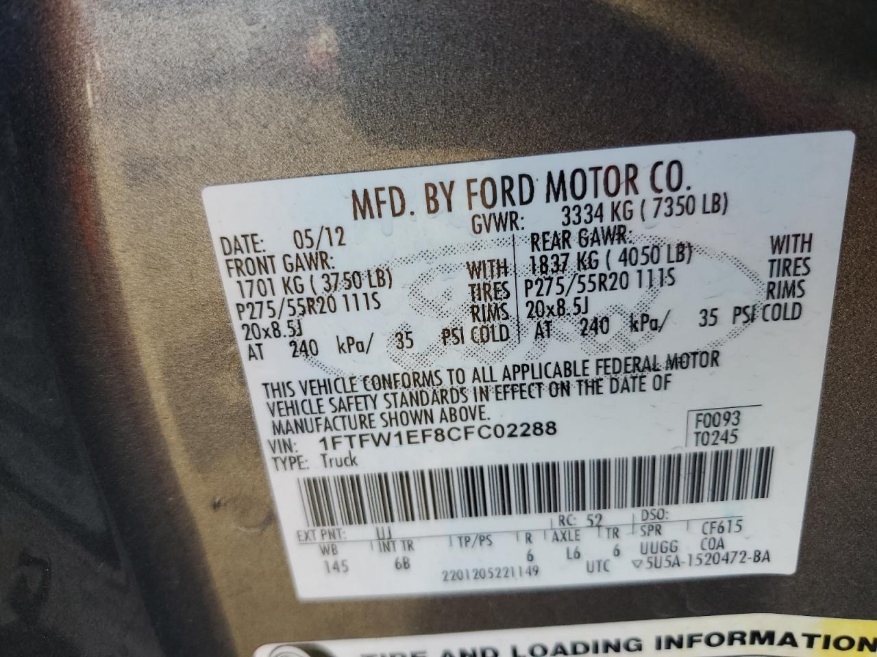 2012 Ford F-150 VIN 1FTFW1EF8CFC02288 Copart auction photo, front end damage thumbnail 12