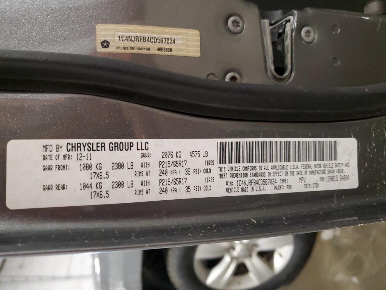 2012 Jeep Liberty (Patriot) VIN 1C4NJRFB4CD567034 Copart auction photo, front end damage thumbnail 14